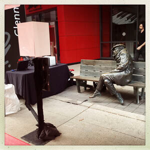Glenn Gould on a bench outside the CBC in Toronto