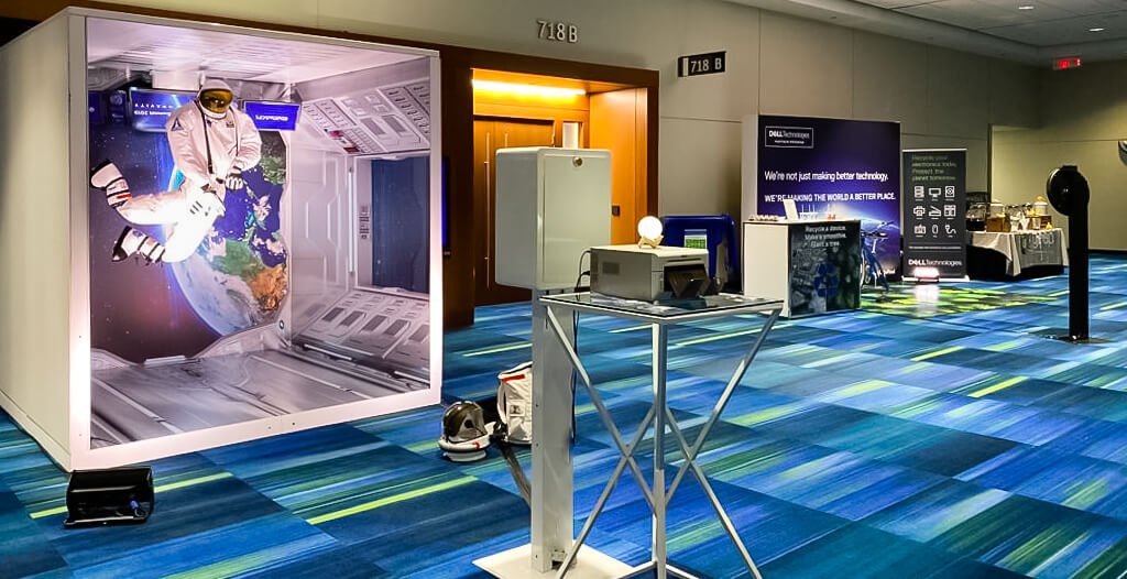 Trade show floor showing an anti gravity set for a photo booth activation
