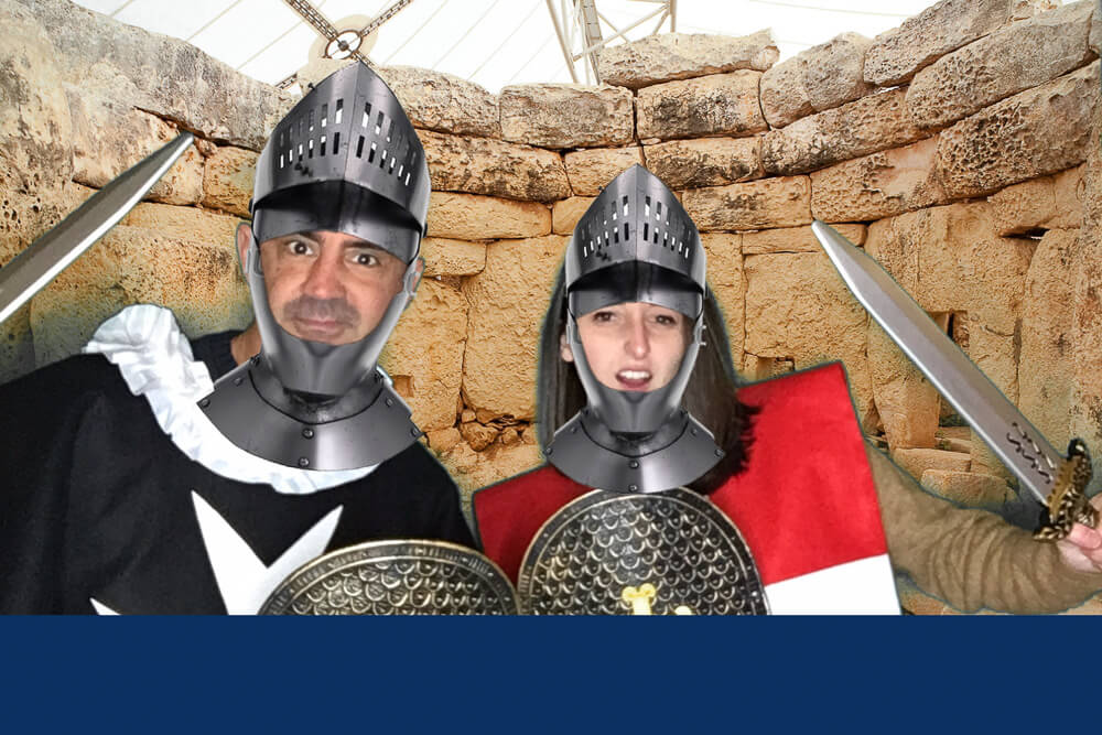 a photo of two people in knights costumes using green screen technology