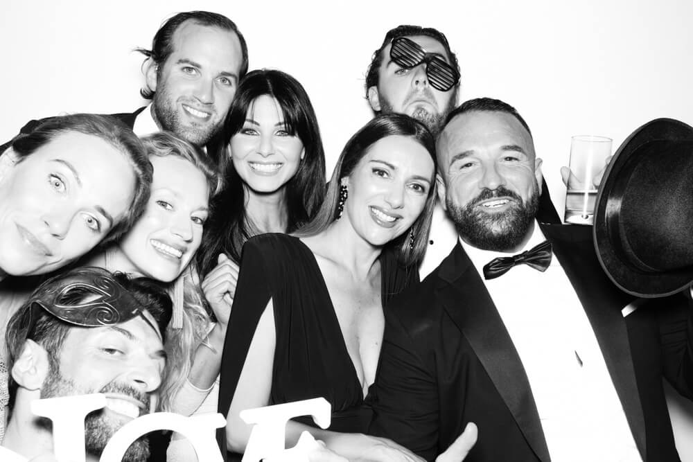 black-and-white-wedding-photo-booth-10 a group of wedding guests