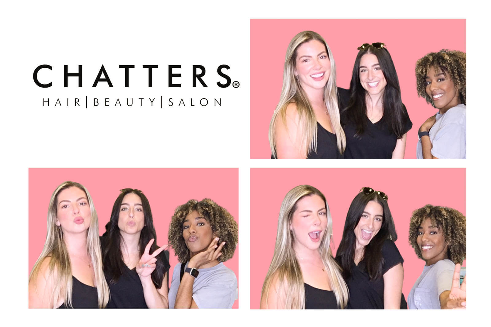 photo booth print from a hair salon with 3 lovely ladies posing using ai background removal