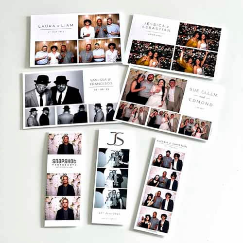 A variety of photo booth layouts including 2x6 and 4x6 prints