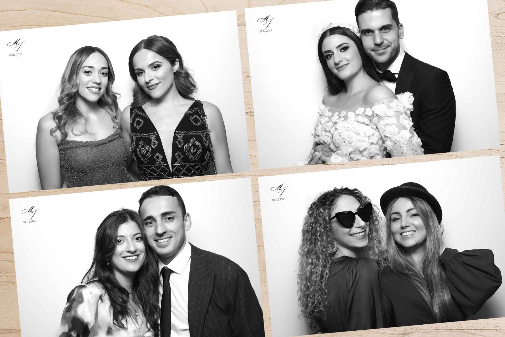 four black and white prints from a hollywood glam style photo booth