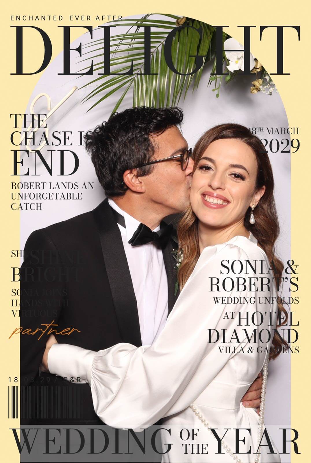 a cute couple kissing on the cover of a wedding magazine