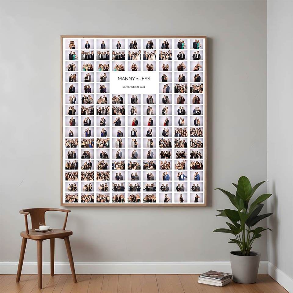 A frame on a wall with a collage of wedding photo booth photos