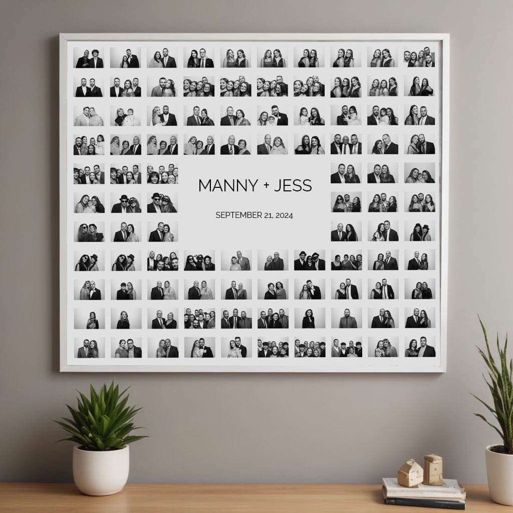 A framed black and white contact sheet with photo booth images