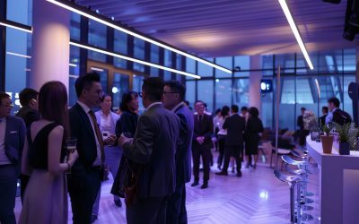 Coworkers talking and connecting during a corporate event