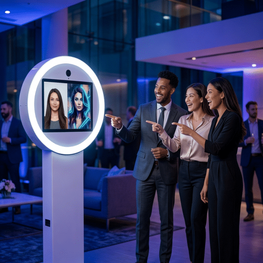 Professional guests using a branded AI photo booth to create viral social media content.