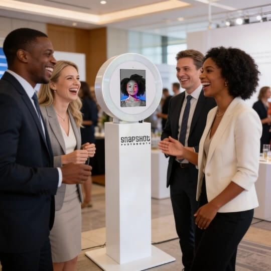 Corporate Guests Engaging with an AI Photo Booth A group of diverse corporate professionals laughing and pointing at a sleek, modern AI photo booth screen during an event.