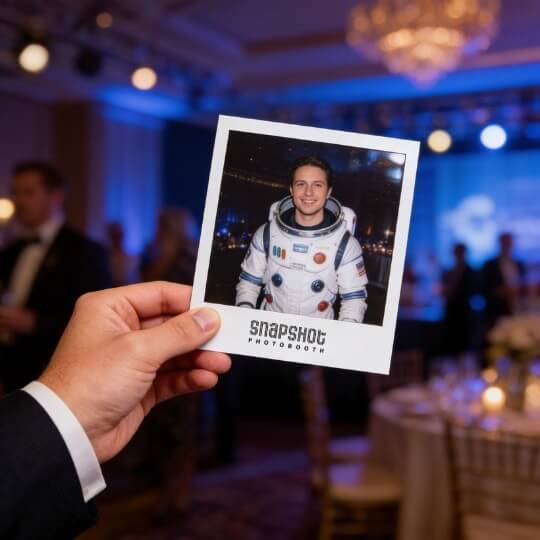 Traditional-Photo-Strip-2 (1) A person’s hand in a tailored suit holding a glossy AI-generated photo print at a corporate gala.
