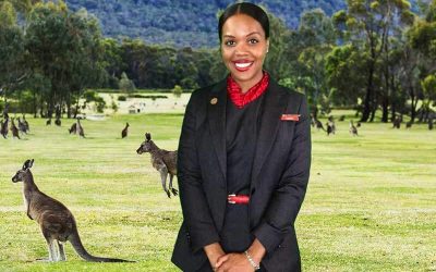 Flight attendant in a custom Australian outback green screen photo booth in Toronto