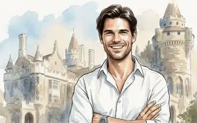 Watercolor style AI photo booth portrait of a man at Casa Loma in Toronto