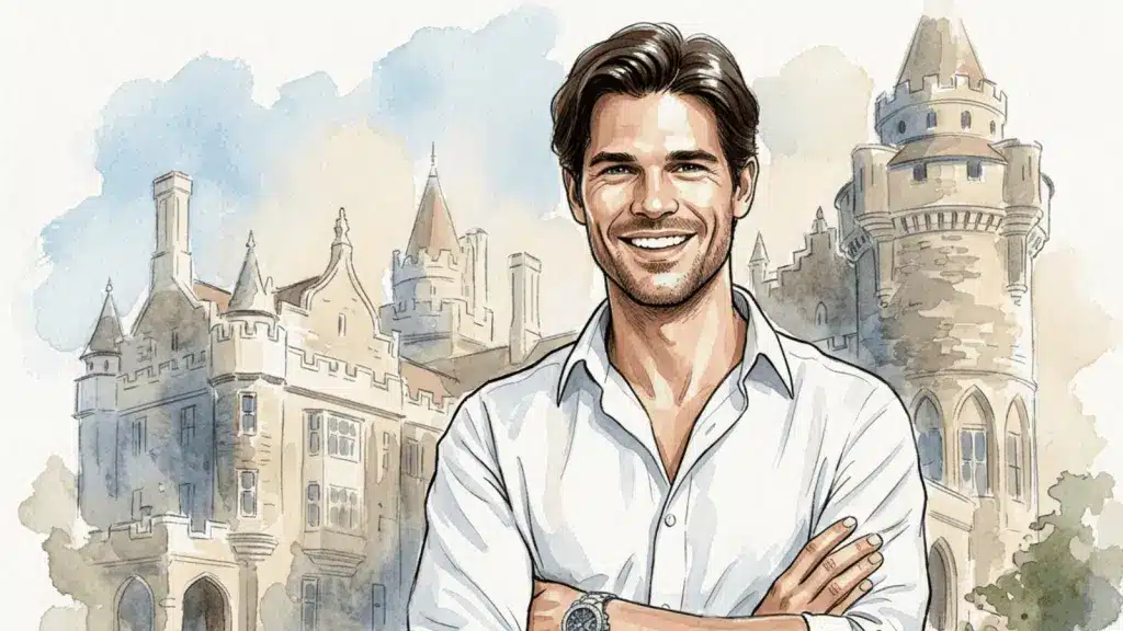 Watercolor style AI photo booth portrait of a man at Casa Loma in Toronto
